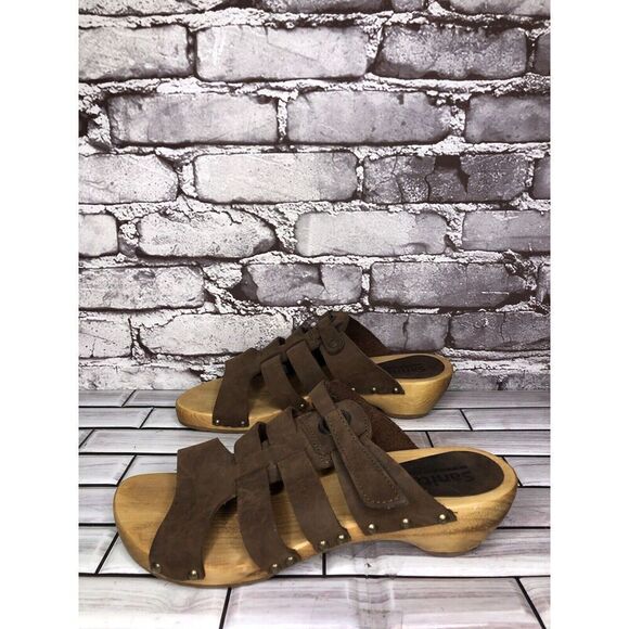 Sanita Brown Suede Leather Slide Clogs Wooden Heel Sandals Women Sz 40EU/9.5M US - Picture 1 of 16